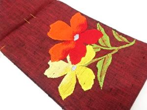 未使用品　手織り真綿紬　花模様織り出し　名古屋帯